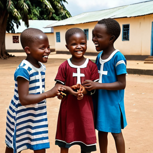 Home 15 A diverse group of Sierra Leonean children, some wearing Christian crosses and others Islamic crescents, joyfully playing together in a schoolyard, symbolizing religious tolerance and coexistence.