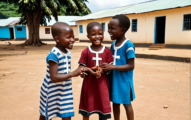 A diverse group of Sierra Leonean children, some wearing Christian crosses and others Islamic crescents, joyfully playing together in a schoolyard, symbolizing religious tolerance and coexistence.
