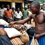 A crowded market scene in Sierra Leone, focusing on a pickpocket subtly reaching into a tourist's bag. Emphasize the poverty and desperation in the surrounding environment.