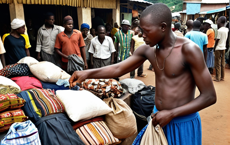 A crowded market scene in Sierra Leone, focusing on a pickpocket subtly reaching into a tourist's bag. Emphasize the poverty and desperation in the surrounding environment.